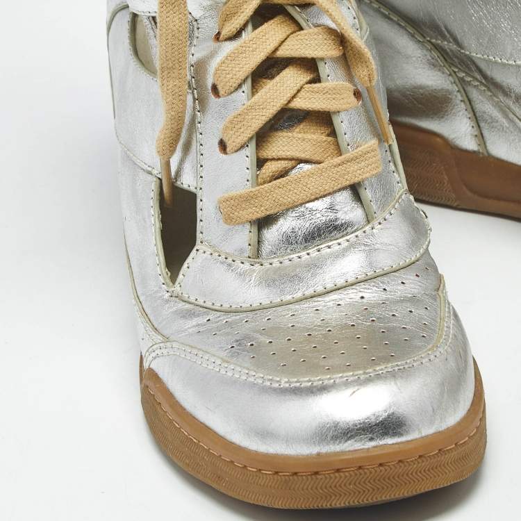 Pre Owned Marc by Marc Jacobs Silver Leather Cut Out High Top Sneakers Size 40