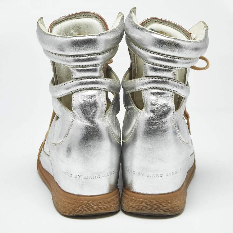 Pre Owned Marc by Marc Jacobs Silver Leather Cut Out High Top Sneakers Size 40