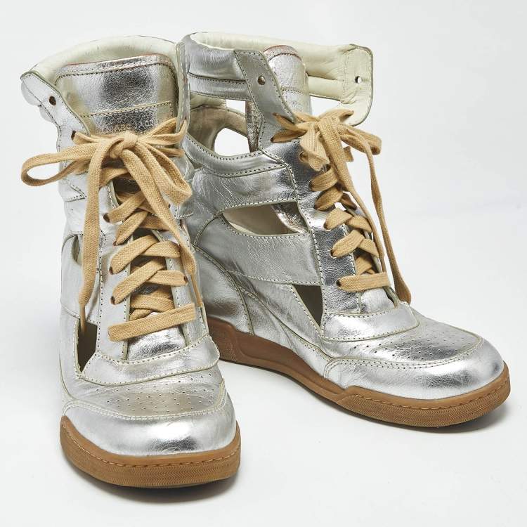 Pre Owned Marc by Marc Jacobs Silver Leather Cut Out High Top Sneakers Size 40