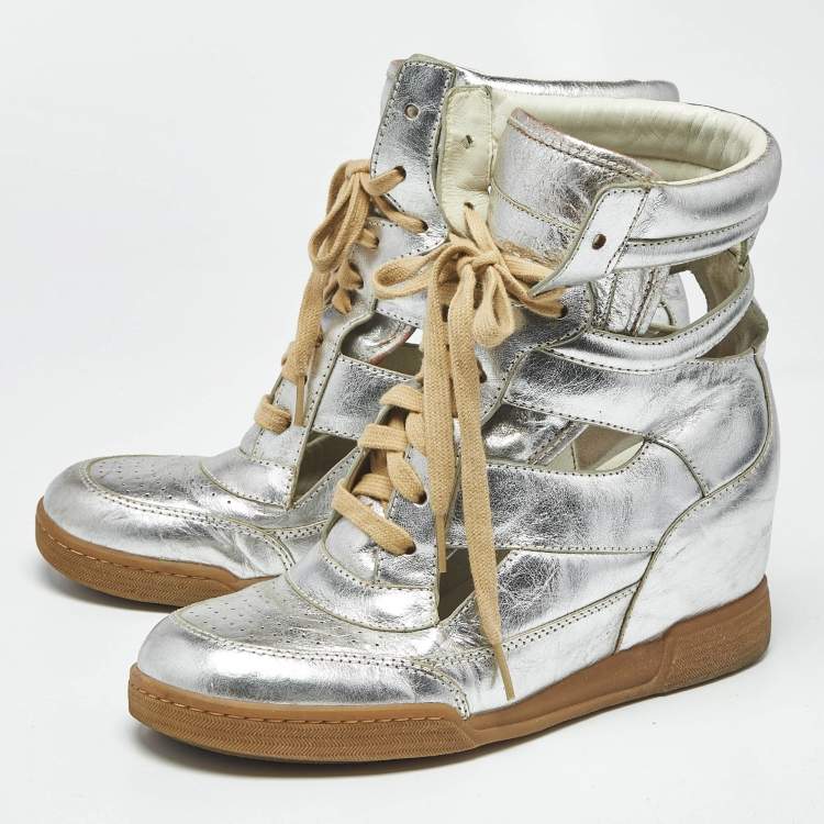 Pre Owned Marc by Marc Jacobs Silver Leather Cut Out High Top Sneakers Size 40