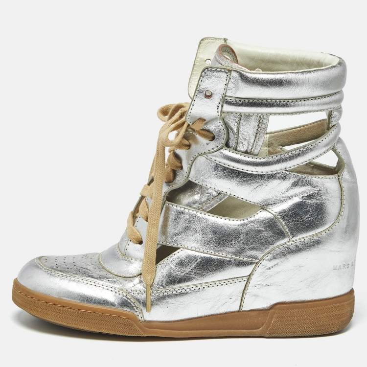 Pre Owned Marc by Marc Jacobs Silver Leather Cut Out High Top Sneakers Size 40