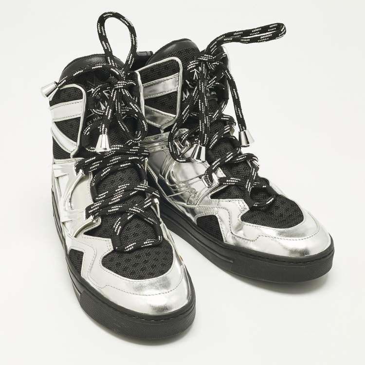 Pre Owned Marc by Marc Jacobs Silver/Black Leather and Fabric High Top Sneakers Size 36