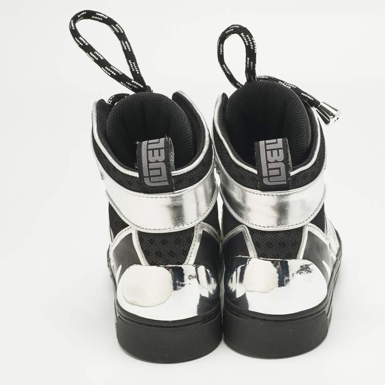 Pre Owned Marc by Marc Jacobs Silver/Black Leather and Fabric High Top Sneakers Size 36