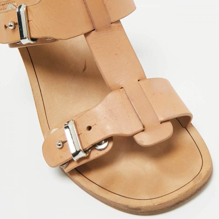 Pre Owned Marc by Marc Jacobs Beige Leather T-Strap Buckle Sandals Size 37