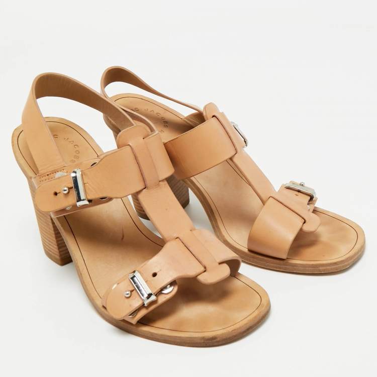 Pre Owned Marc by Marc Jacobs Beige Leather T-Strap Buckle Sandals Size 37