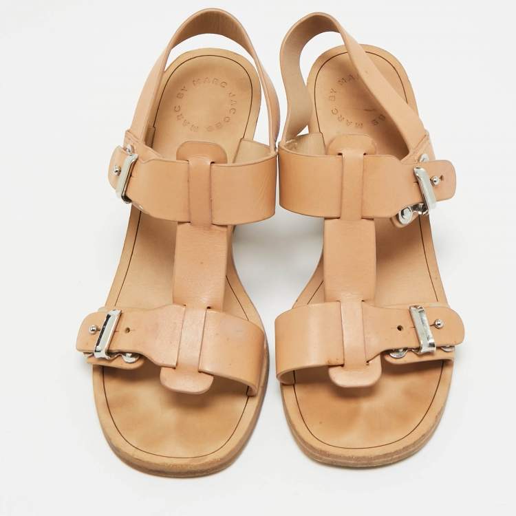 Pre Owned Marc by Marc Jacobs Beige Leather T-Strap Buckle Sandals Size 37