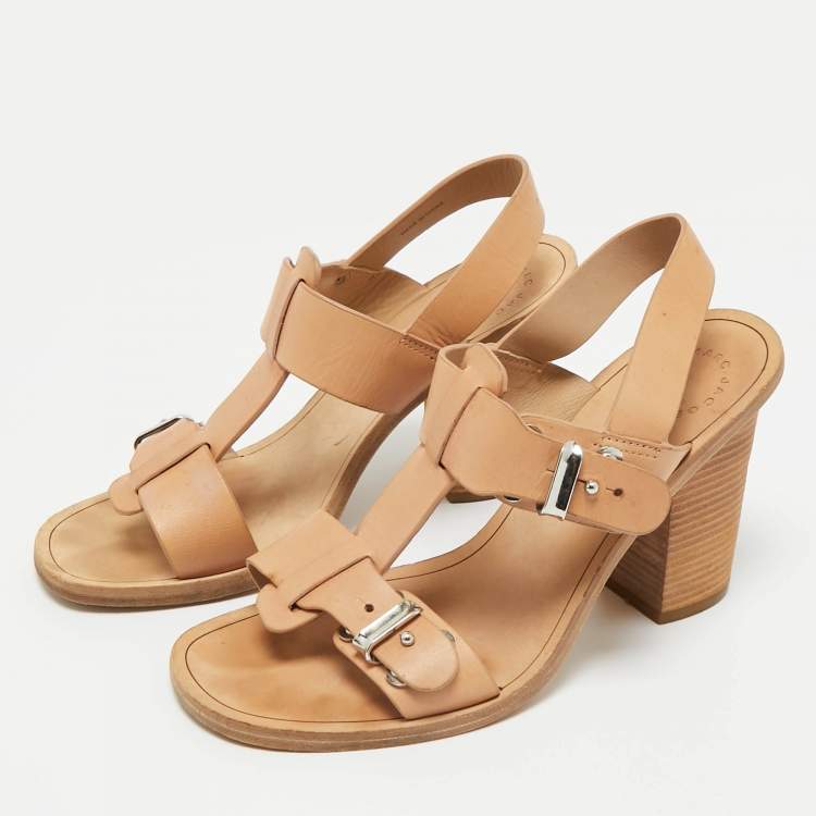 Pre Owned Marc by Marc Jacobs Beige Leather T-Strap Buckle Sandals Size 37