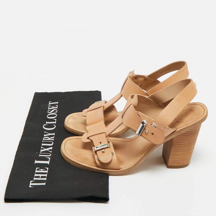 Pre Owned Marc by Marc Jacobs Beige Leather T-Strap Buckle Sandals Size 37