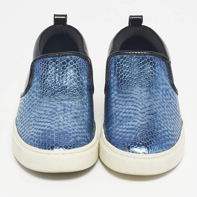 Pre Owned Marc by Marc Jacobs Blue/Black Snakeskin Embossed and  Patent Leather Broome Slip On Sneakers Size 36