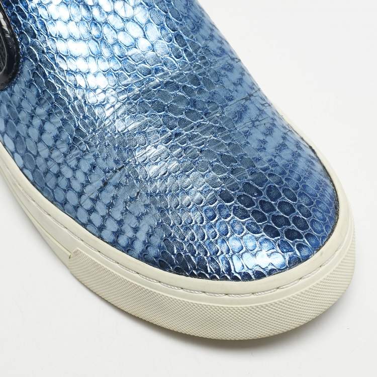Pre Owned Marc by Marc Jacobs Blue/Black Snakeskin Embossed and  Patent Leather Broome Slip On Sneakers Size 36