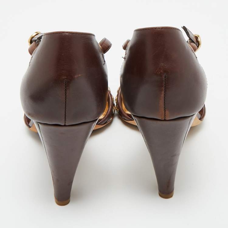 Pre Owned Marc by Marc Jacobs Brown/Gold Leather Bow Ankle Strap Sandals Size 37.5