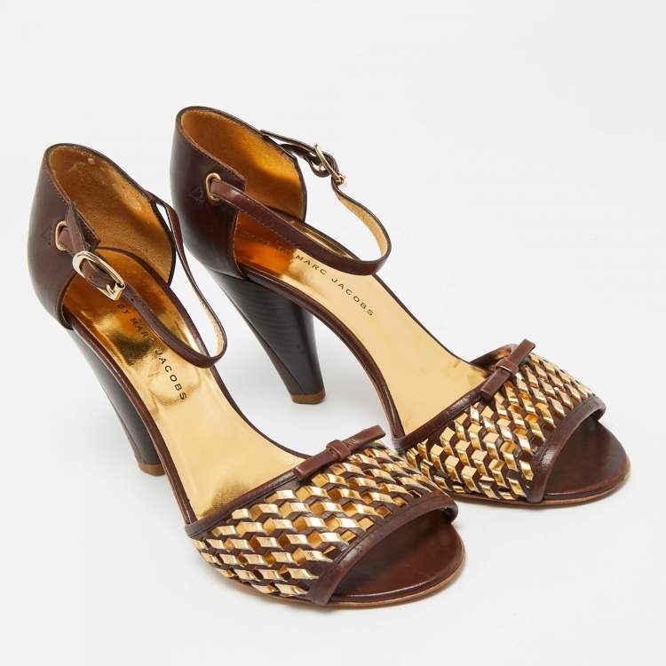 Pre Owned Marc by Marc Jacobs Brown/Gold Leather Bow Ankle Strap Sandals Size 37.5