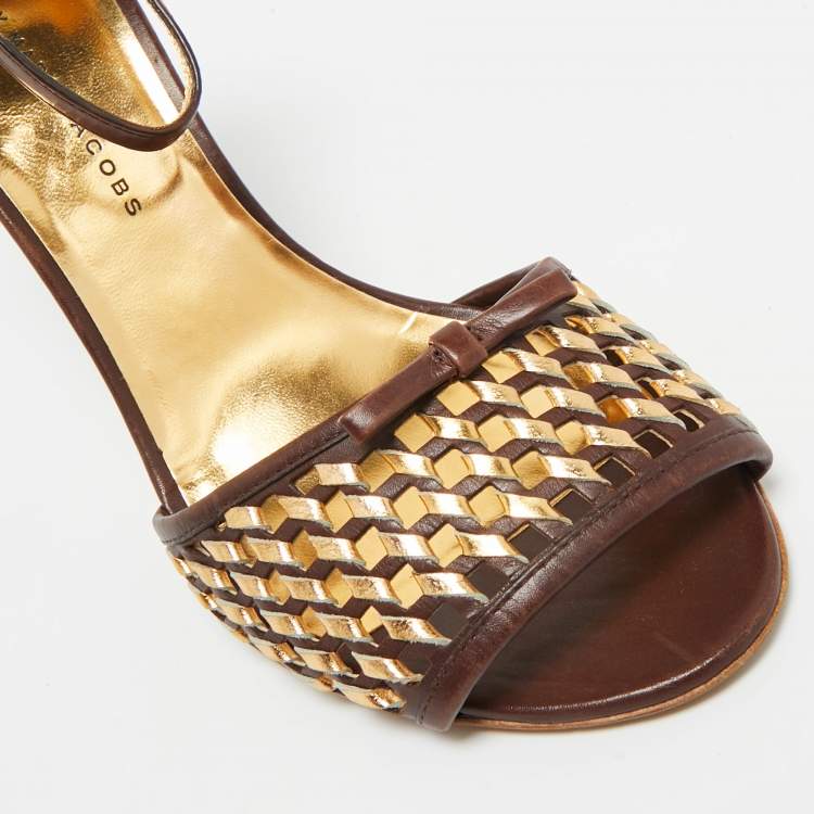 Pre Owned Marc by Marc Jacobs Brown/Gold Leather Bow Ankle Strap Sandals Size 37.5