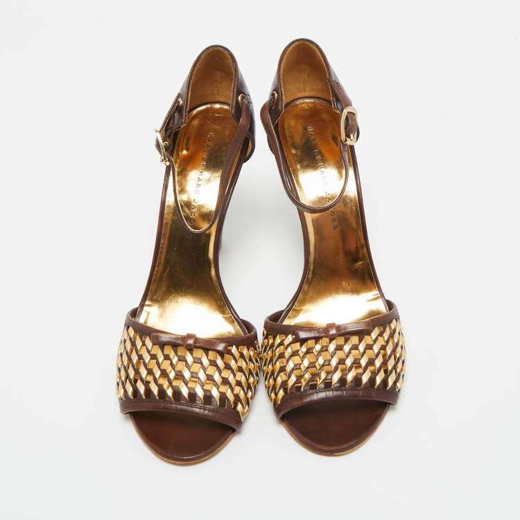 Pre Owned Marc by Marc Jacobs Brown/Gold Leather Bow Ankle Strap Sandals Size 37.5