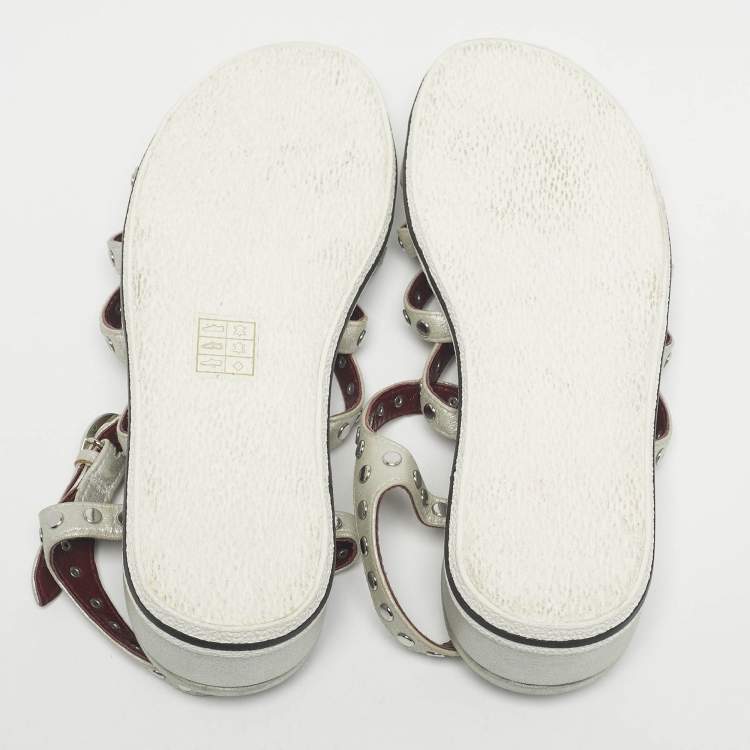 Pre Owned Marc by Marc Jacobs Silver Leather Gena Studded Ankle Strap Flat Sandals Size 36.5