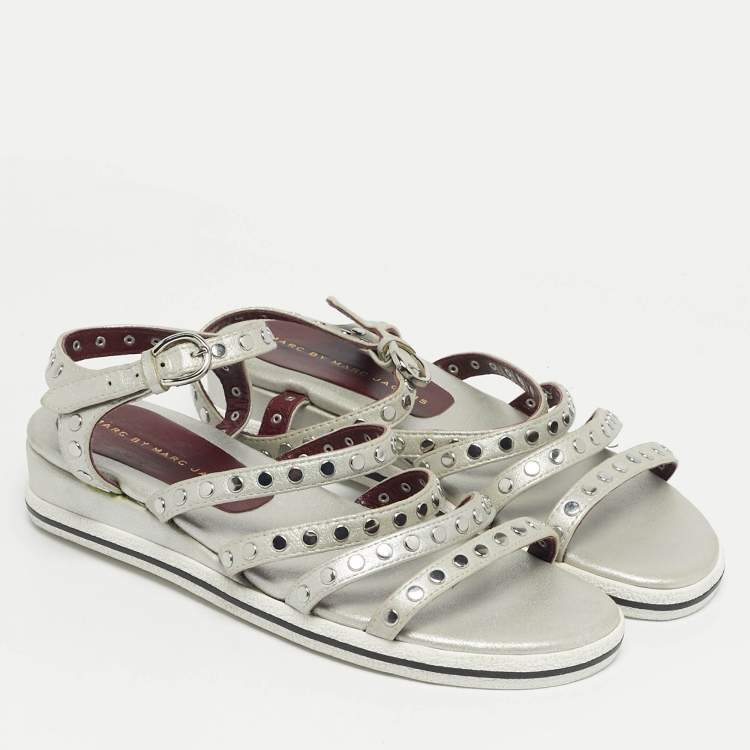 Pre Owned Marc by Marc Jacobs Silver Leather Gena Studded Ankle Strap Flat Sandals Size 36.5