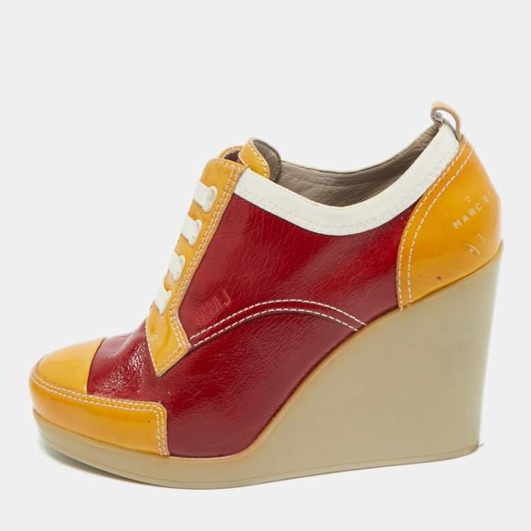 Pre Owned Marc by Marc Jacobs Multicolor Leather and Suede Lace Up Wedge Sneakers Size 37
