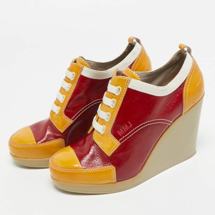 Pre Owned Marc by Marc Jacobs Multicolor Leather and Suede Lace Up Wedge Sneakers Size 37