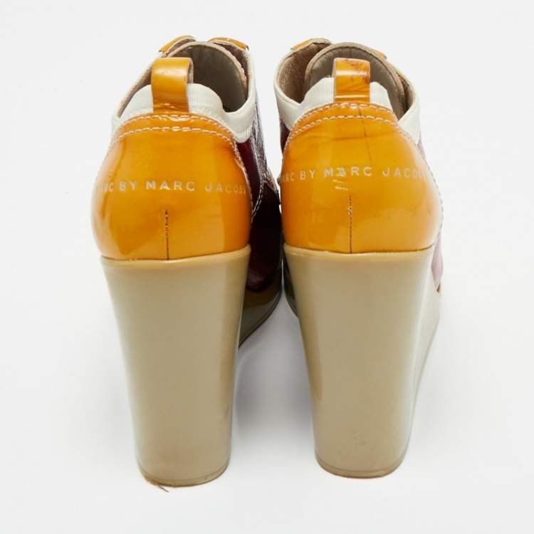 Pre Owned Marc by Marc Jacobs Multicolor Leather and Suede Lace Up Wedge Sneakers Size 37
