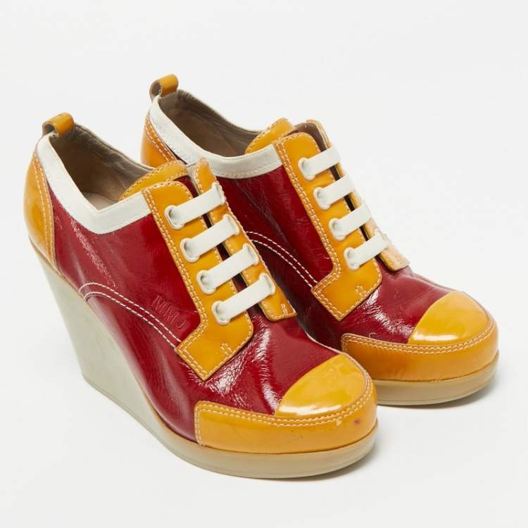 Pre Owned Marc by Marc Jacobs Multicolor Leather and Suede Lace Up Wedge Sneakers Size 37