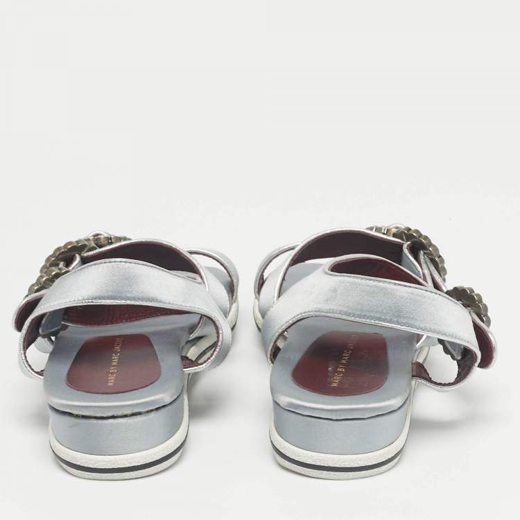 مملوكة مسبقًا Marc by Marc Jacobs Grey Satin Crystal Embellished Ankle Strap Sandals Size 36.5