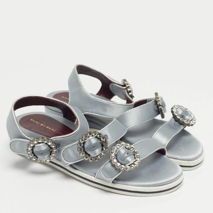 مملوكة مسبقًا Marc by Marc Jacobs Grey Satin Crystal Embellished Ankle Strap Sandals Size 36.5