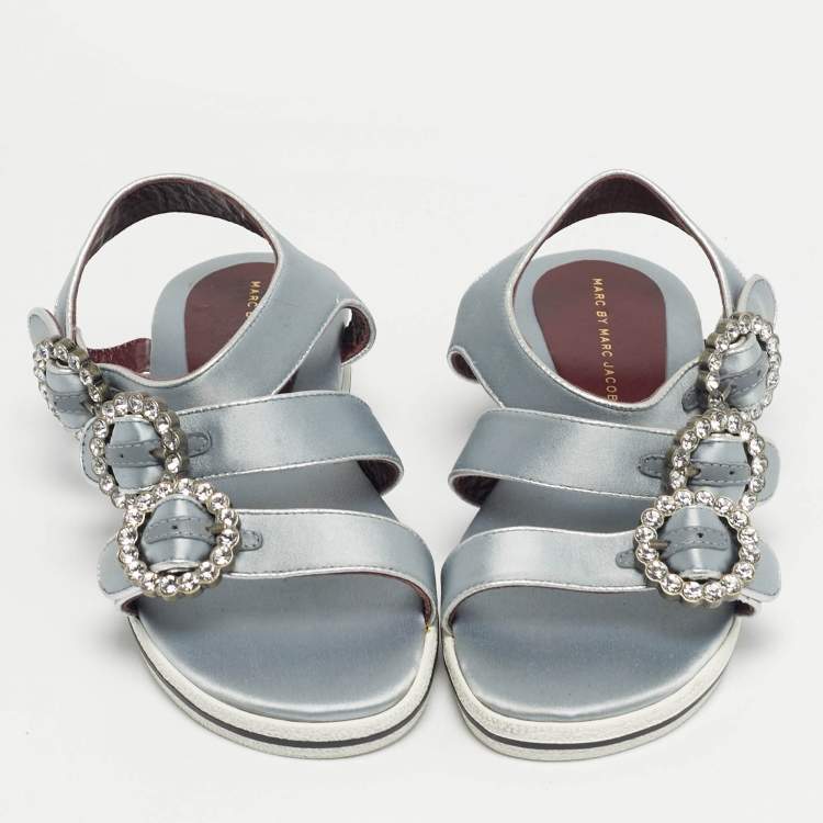 مملوكة مسبقًا Marc by Marc Jacobs Grey Satin Crystal Embellished Ankle Strap Sandals Size 36.5