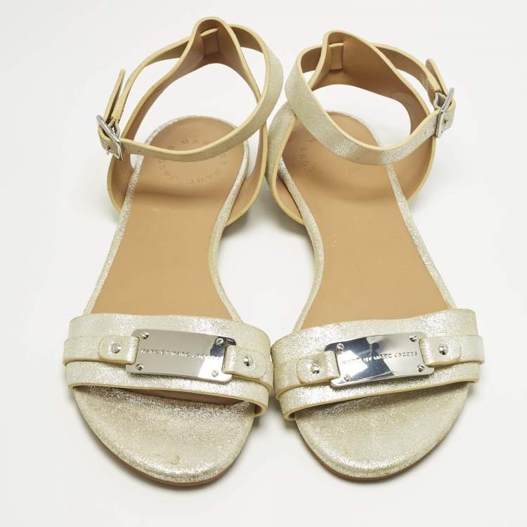 Pre Owned Marc by Marc Jacobs Silver Nubuck Leather Ankle Strap Flats Size 36