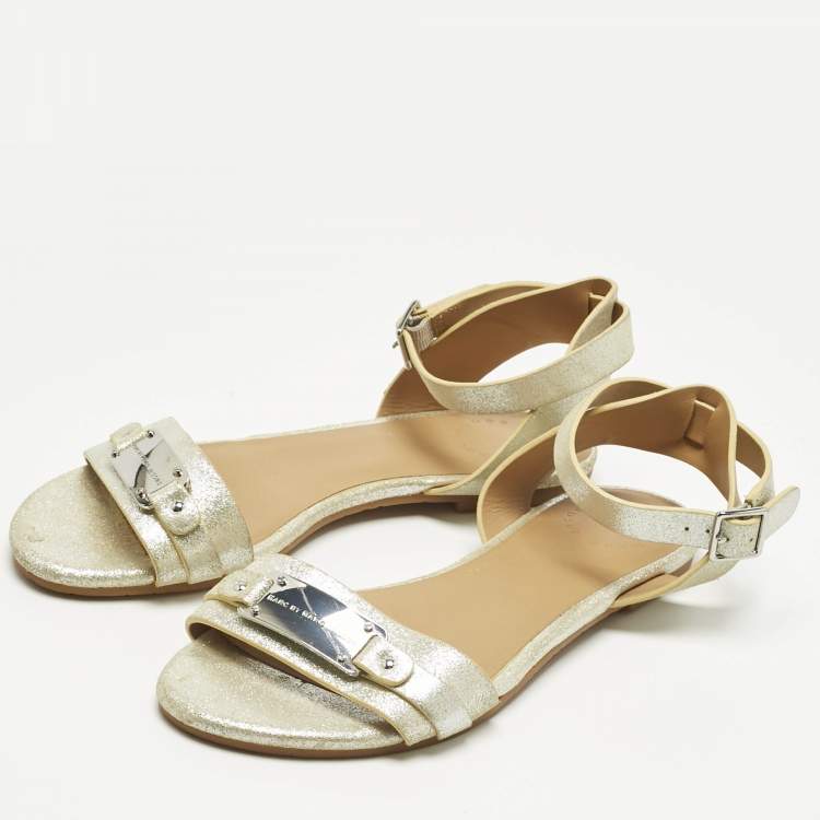 Pre Owned Marc by Marc Jacobs Silver Nubuck Leather Ankle Strap Flats Size 36