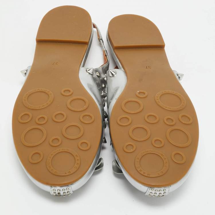 Pre Owned Marc by Marc Jacobs Silver Leather Mouse Slingback Flat Sandals Size 37