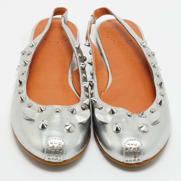 Pre Owned Marc by Marc Jacobs Silver Leather Mouse Slingback Flat Sandals Size 37