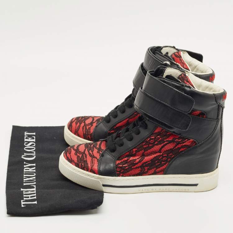Pre Owned Marc by Marc Jacobs Black/Red Lace and Leather High Top Sneakers Size 36