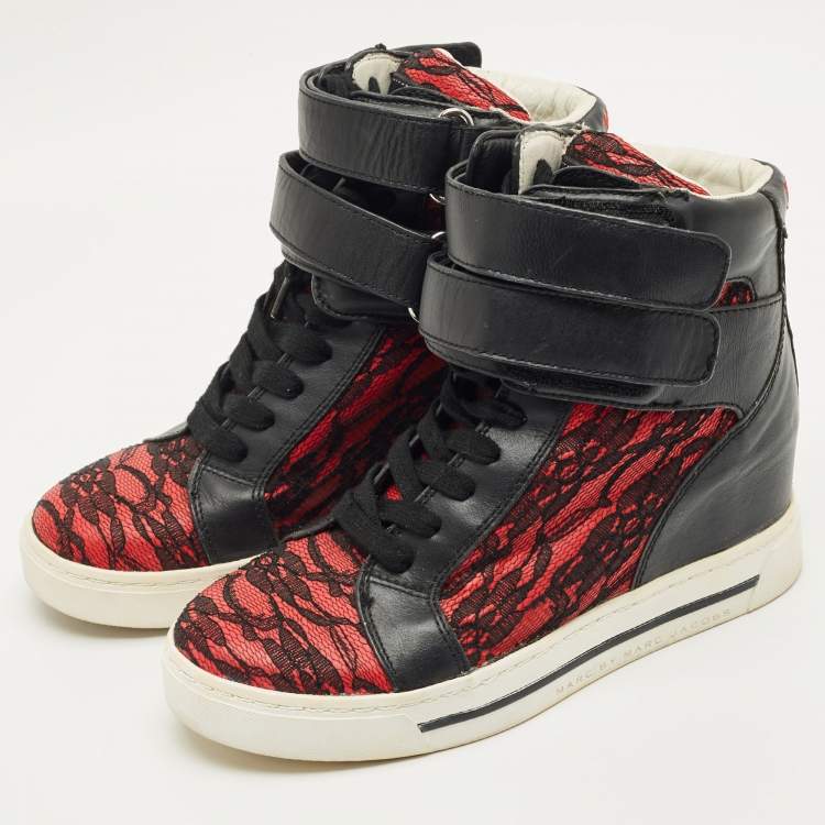 Pre Owned Marc by Marc Jacobs Black/Red Lace and Leather High Top Sneakers Size 36