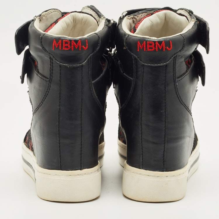 Pre Owned Marc by Marc Jacobs Black/Red Lace and Leather High Top Sneakers Size 36
