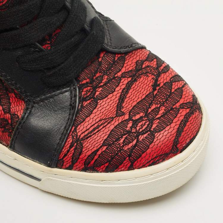Pre Owned Marc by Marc Jacobs Black/Red Lace and Leather High Top Sneakers Size 36