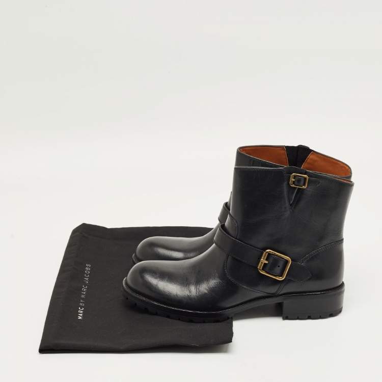 Pre Owned Marc by Marc Jacobs Black Leather Ankle Length Engineer Buckle Boots Size 40