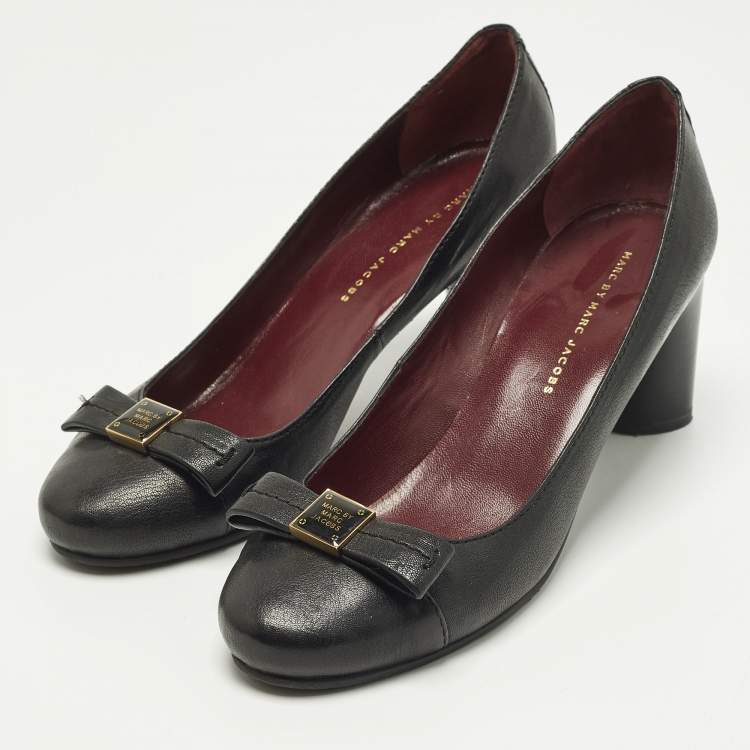Pre Owned Marc by Marc Jacobs Bow Size 40 Black Leather Block Heel Pumps
