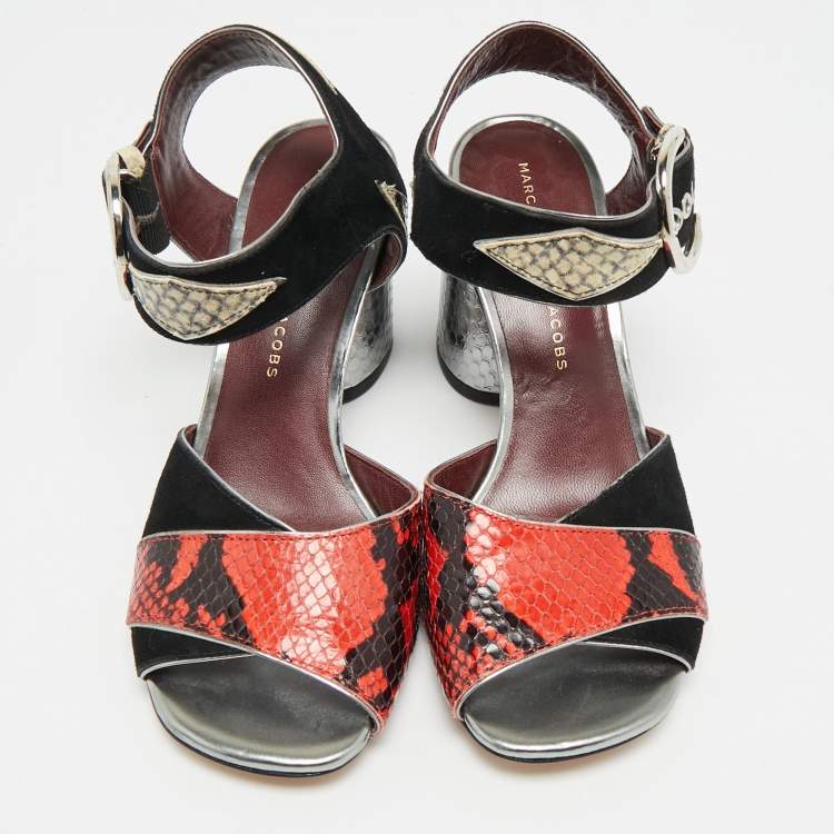 Pre Owned Marc by Marc Jacobs Size 37 Multicolor Snakeskin Embossed Leather and Suede Ankle Strap Sandals