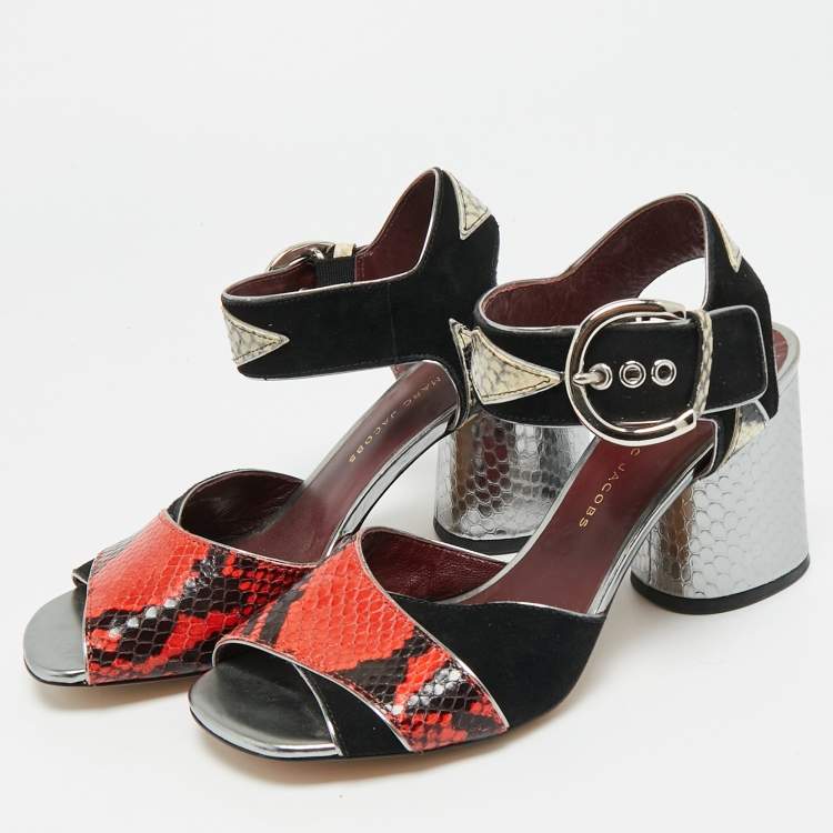Pre Owned Marc by Marc Jacobs Size 37 Multicolor Snakeskin Embossed Leather and Suede Ankle Strap Sandals