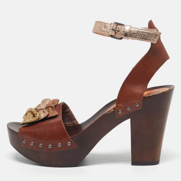 Pre Owned Marc by Marc Jacobs Size 37.5 Brown/Gold Leather Ankle Strap Sandals