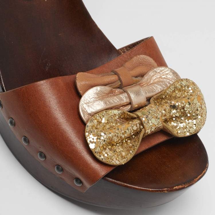 Pre Owned Marc by Marc Jacobs Size 37.5 Brown/Gold Leather Ankle Strap Sandals