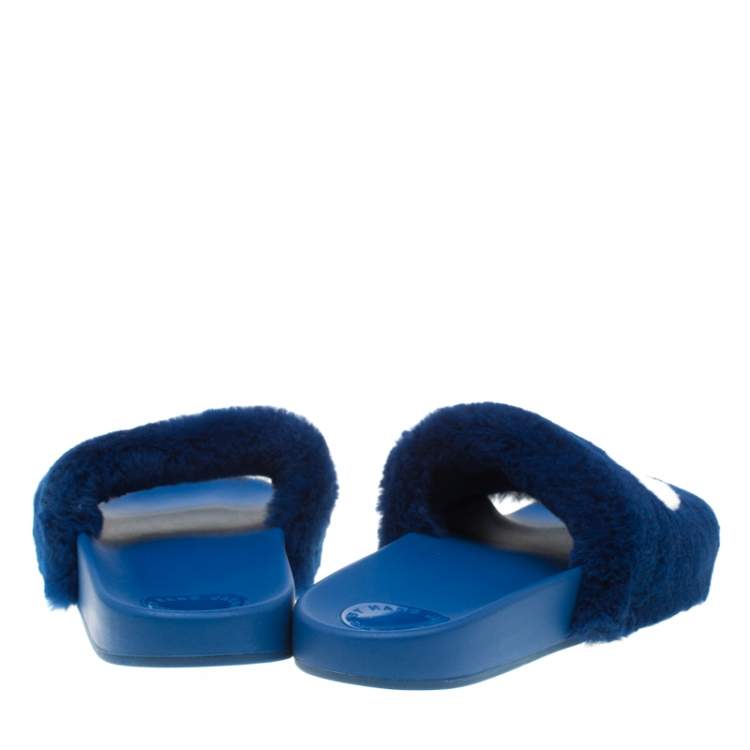 Pre Owned Marc By Marc Jacobs Blue Rabbit Fur Dot Flat Slides Size 38