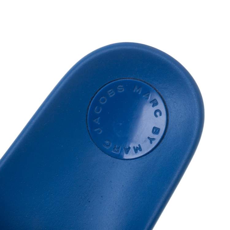 Pre Owned Marc By Marc Jacobs Blue Rabbit Fur Dot Flat Slides Size 38