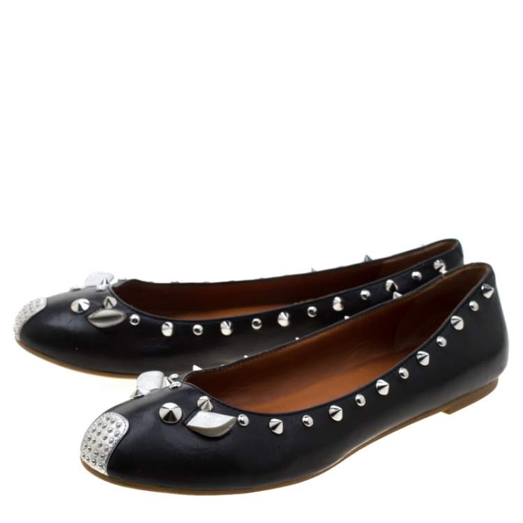Pre Owned Marc by Marc Jacobs Black Leather Spike Trim Mouse Ballet Flats Size 38