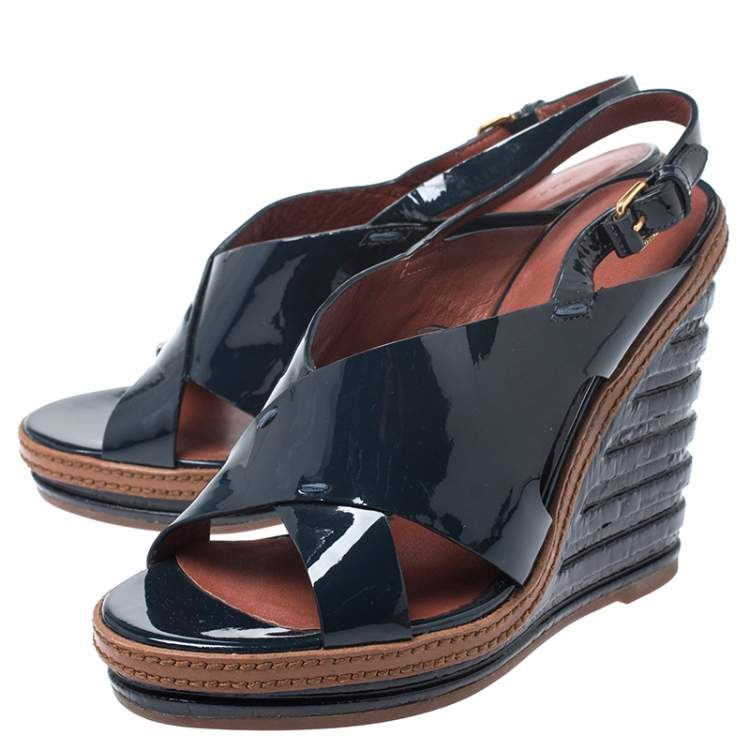 Pre Owned Marc by Marc Jacobs Dark Blue Cross Patent Leather Wedge Sandals Size 37.5