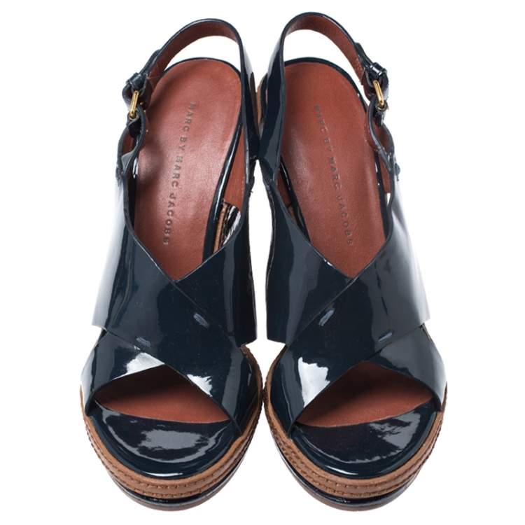 Pre Owned Marc by Marc Jacobs Dark Blue Cross Patent Leather Wedge Sandals Size 37.5