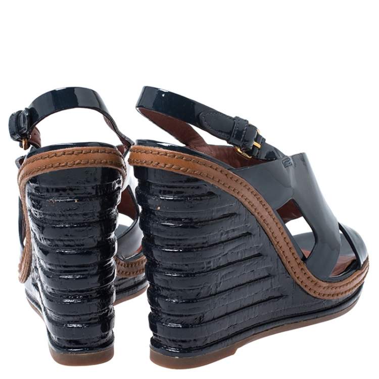Pre Owned Marc by Marc Jacobs Dark Blue Cross Patent Leather Wedge Sandals Size 37.5