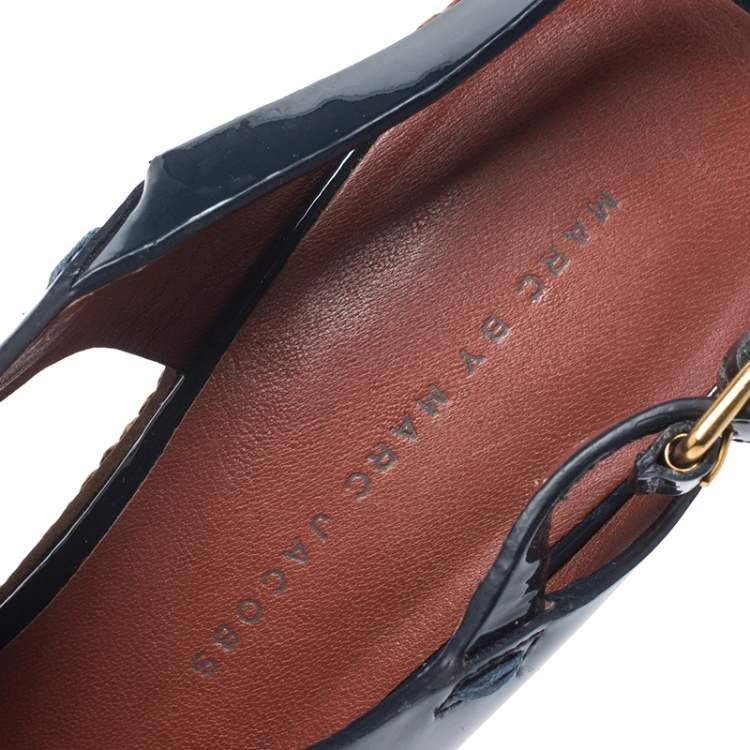 Pre Owned Marc by Marc Jacobs Dark Blue Cross Patent Leather Wedge Sandals Size 37.5