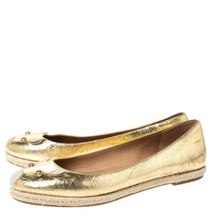 Pre Owned Marc by Marc Jacobs Gold Textured Leather Mouse Espadrille Flats Size 38.5