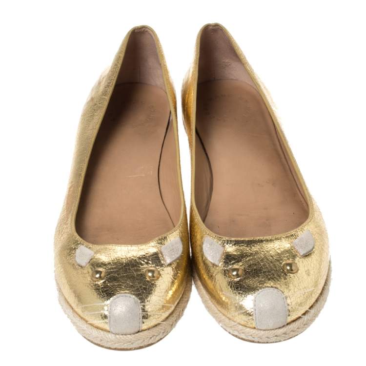 Pre Owned Marc by Marc Jacobs Gold Textured Leather Mouse Espadrille Flats Size 38.5